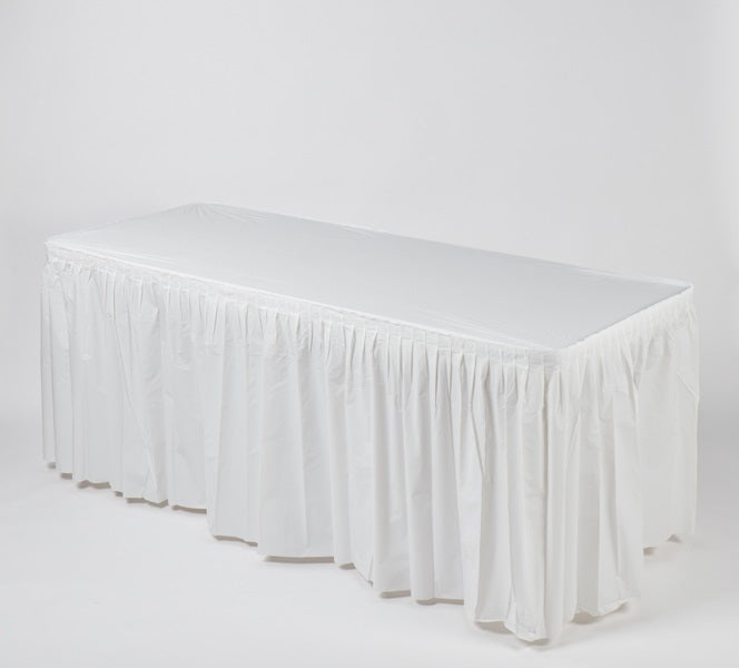 Polyester Reusable Skirt and White Fitted Table Cover with Velcro-Like Fasteners for 6' or 8' Tables